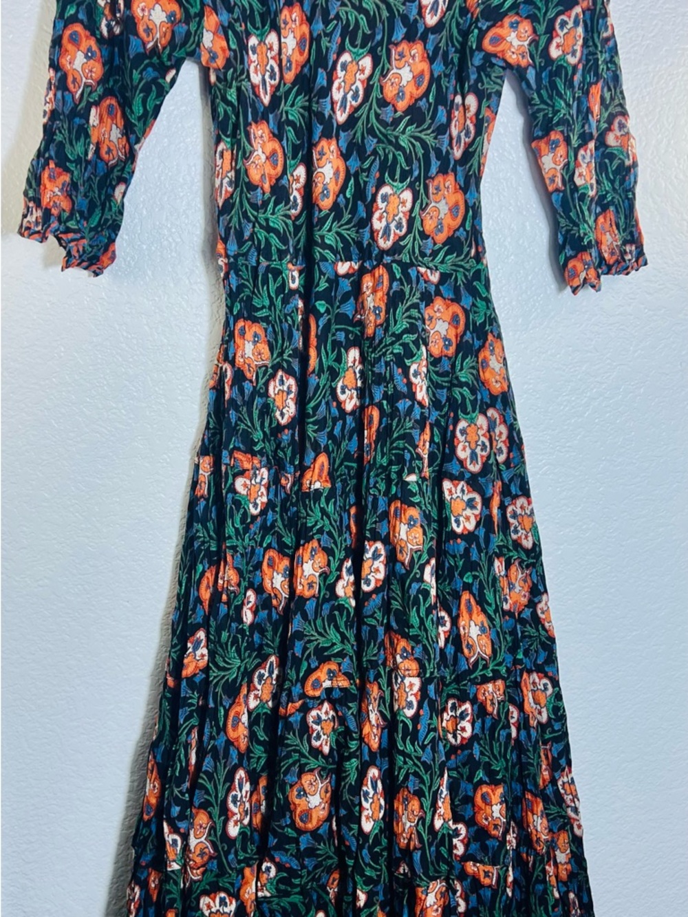 Passementrie Floral Tiered Midi Dress Boho Peasant Black Orange XS - Picture 3 of 12